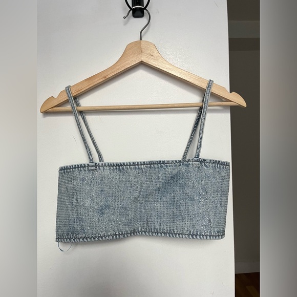 Zara NWT Rhinestone Jewel Denim Crop Top XS - Picture 8 of 12